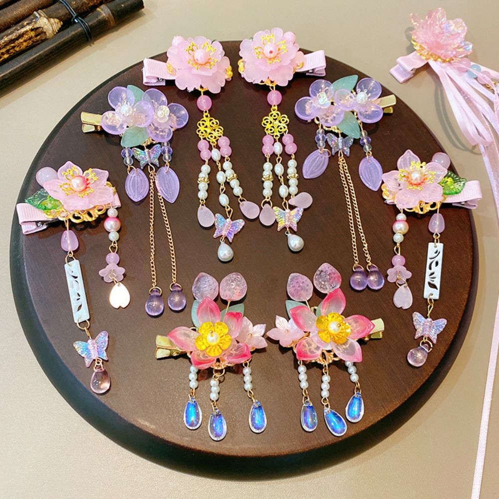 Ancient Style Side Clip Resin Flower Hairpin Children Hanfu Clothes Decor Flower Tassel Hair Clip Cute Hair Accessories