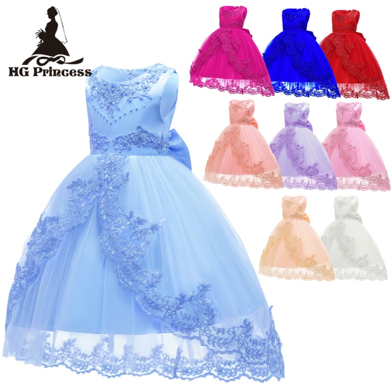 Hot Selling 3-14y Child Princess Dress 2023 New Red Flower Girl Dresses for Weddings Knee-Length Kids Evening Gowns with Train