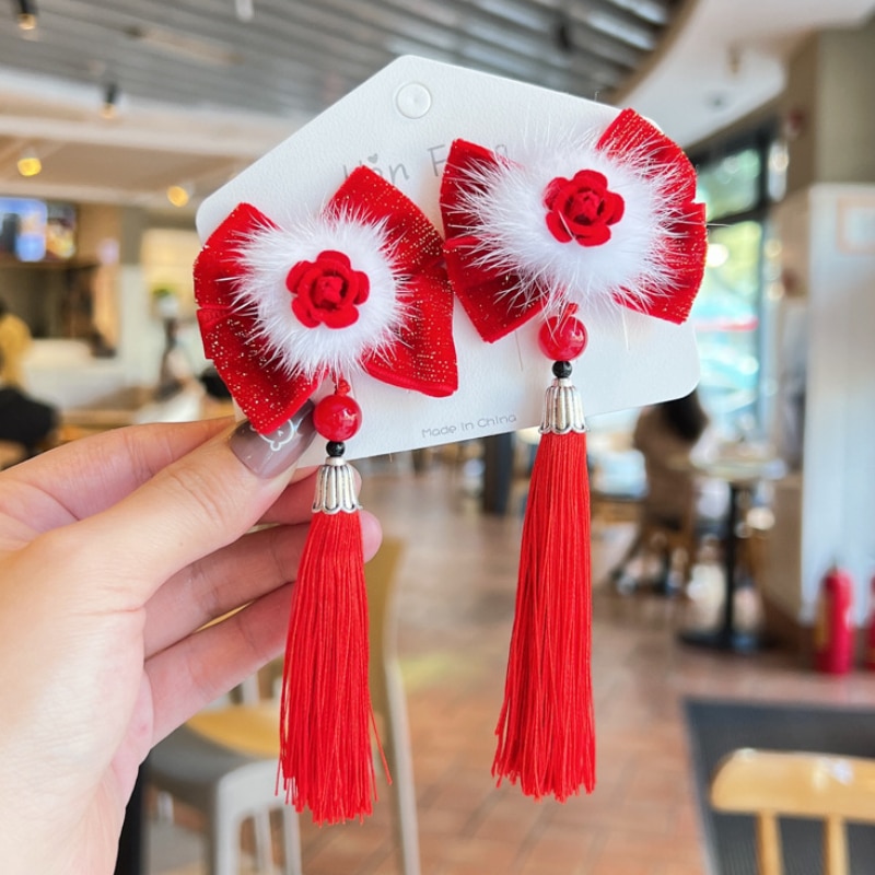 2Pcs Red Children's New Year Hanfu Hair Clips Headwear Tassel Hair Ball Kids Hairpin Girls' Ancient New Year Baby Acce