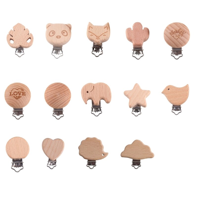 Cute Wooden Teether Clip DIY Pacifier Chain Baby Soother Clip Nonrust Dummy Clip Nipple Accessories Infant Shower Gift