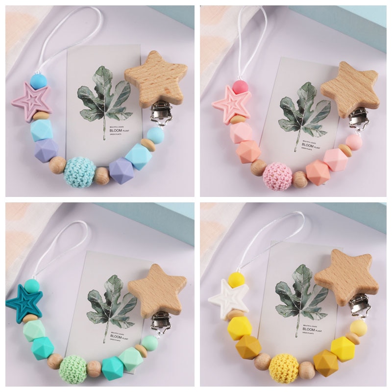 Star Shaped Beech Wooden Pacifier Clips Holder for Infant Silicone Beads Baby Strap Chain Toy Nipple Anti-drop chain