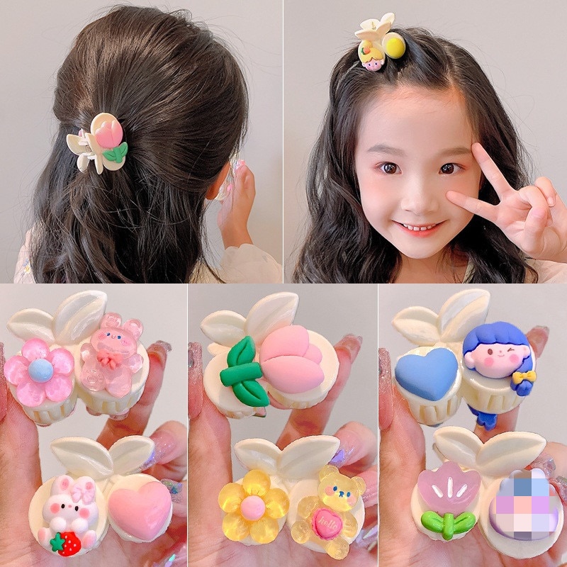 Korean Mini Hair Claw for Little Girl Cute Cartoon Floral Bear Bunny Hair Claw Bang Side Claw Little Girl Hair Accessories