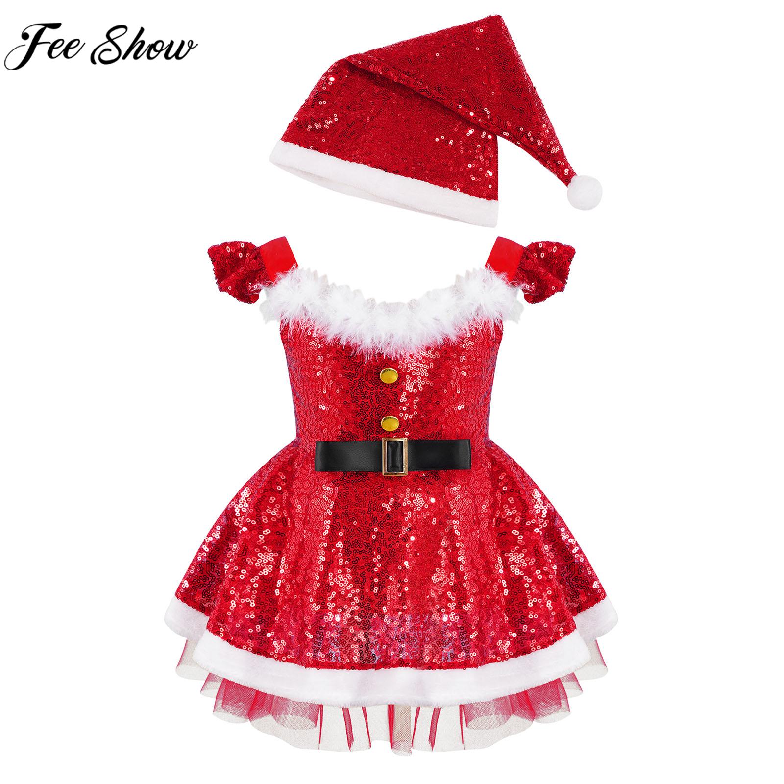 Baby Girls Sequin Christmas Princess Tutu Dress with Hat Xmas New Year Birthday Party Santa Claus Cosplay Performance Costume