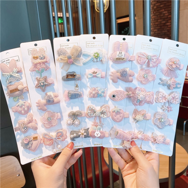 5pcs Korea Pink Hairpins for Little Girl Cute Cartoon Lace Princess Crown Fabric BB Clip Headwear Girls Kids Hair Accessories