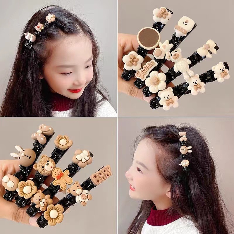 Cute Korean Braid Hair Clips Coffee Color Bear Floral Hair Claw Clip Barrettes Headwear Girls Kids Women Hair Accessories