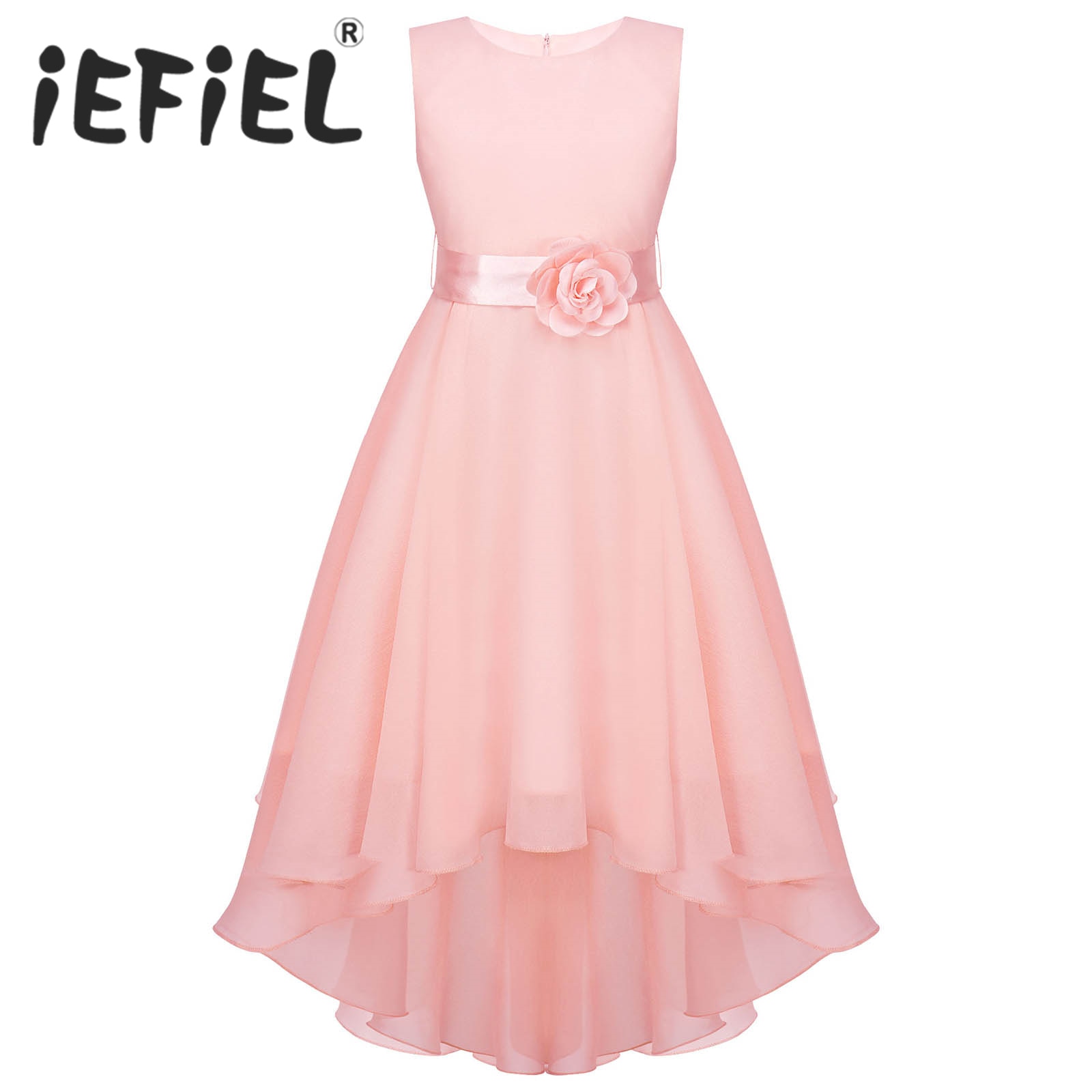 Kids Flower Girls Dress Elegant Chiffon Birthday Party Wedding Bridesmaid Dress Sleeveless High-low Hem Dress with Satin Sash