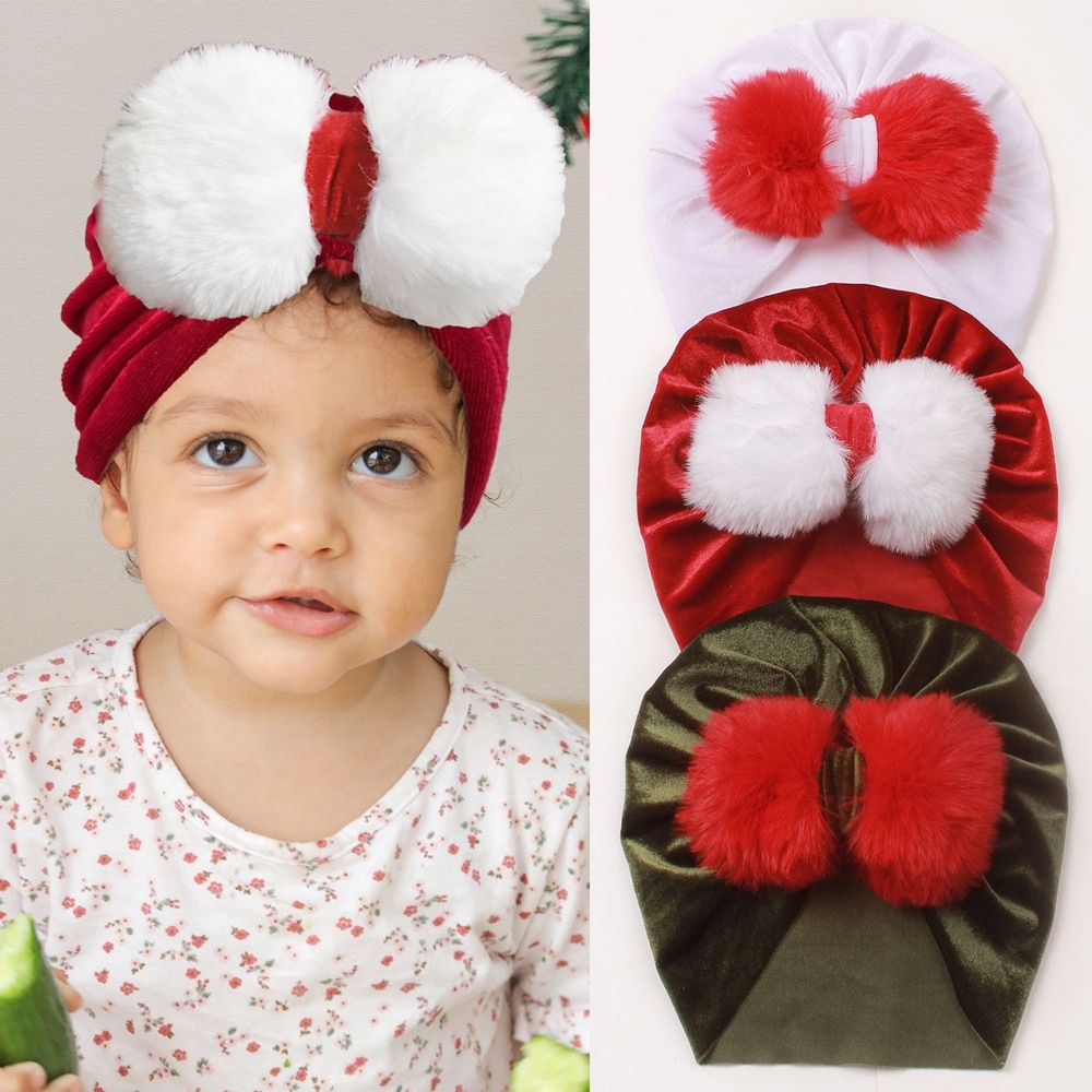 New 1PCS Christmas Gifts Keep Warm Baby Girls Hats Newborn Infant Turban Bowknot Kids Caps Decor Headwear Hair Accessories
