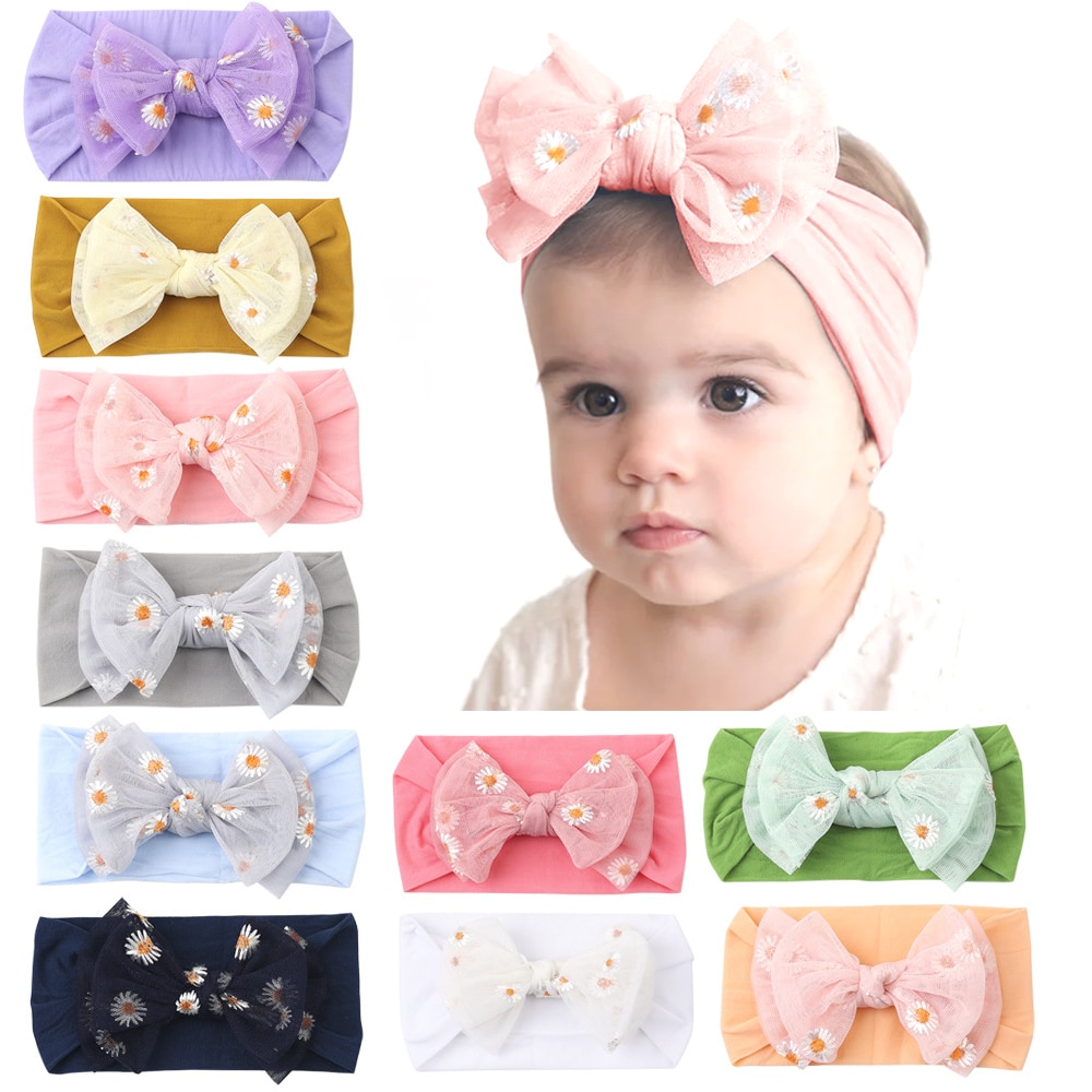 2022 Baby Headband Newborn Bow Embroidery Daisy Hair Bands Girls Chrysanthemum Children Photographed Photos Hair Accessories