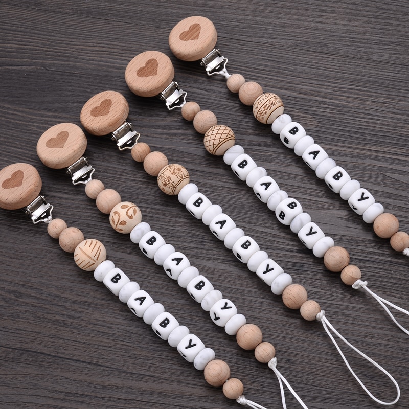 Personalized Name Baby Beech Pacifier Chain Baby Teething Chain Wood Teether Pacifier Clip Nipple Clip Geometric Crochet Beads
