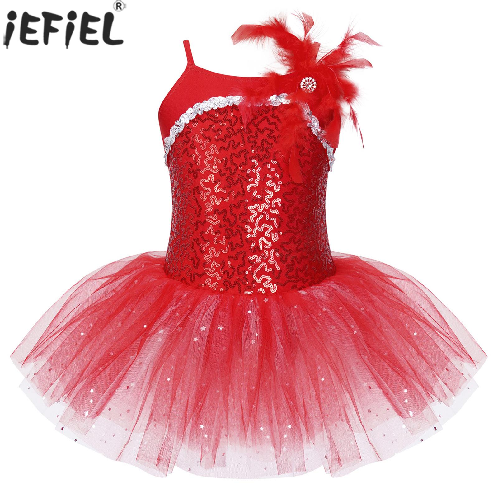 Teens Girls Christmas Ballet Dance Tutu Dress Ballerina Dancewear Sleeveless Feather Shiny Sequin Mesh Party Leotard Dresses