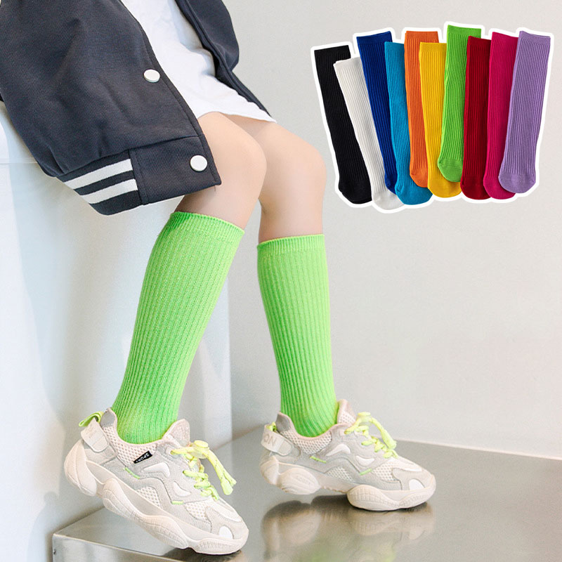 Autumn Winter Solid Bright Color Children Knee High Long Socks 2023 Korean Hot Ribbed Striped Football Moving Stockings for Baby