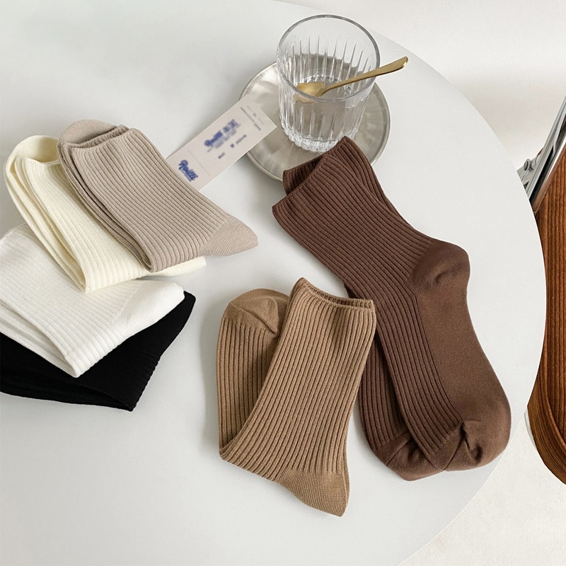 Women Retro Cotton Socks Autumn Winter Knitting Solid Color Long Black Pink Korean Japanese Student Girls Stockings