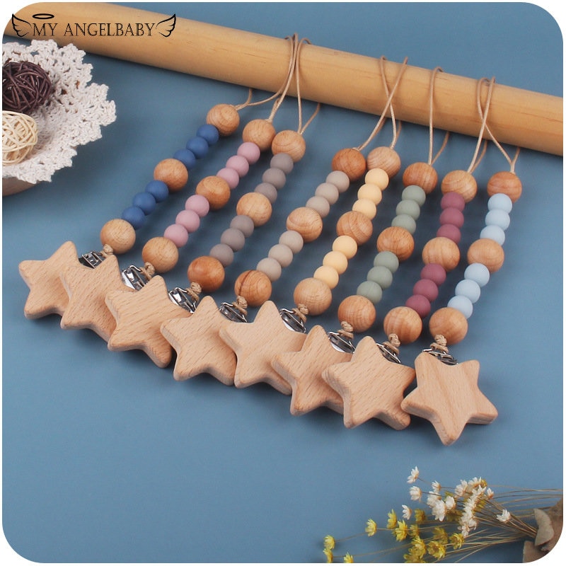 Baby Pacifier Chain Star Wood Clips Dummy Pacifier Clips Silicone Beads Nursing Teething Gift for Newborn Baby Boy Girl