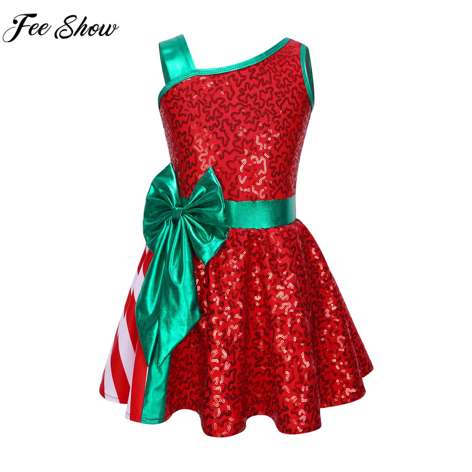 4-14Y Girls Christmas Dance Dress Xmas Party Ballet Skating Leotard Tutu Sleeveless Shiny Sequin Stage Performance Dancewear