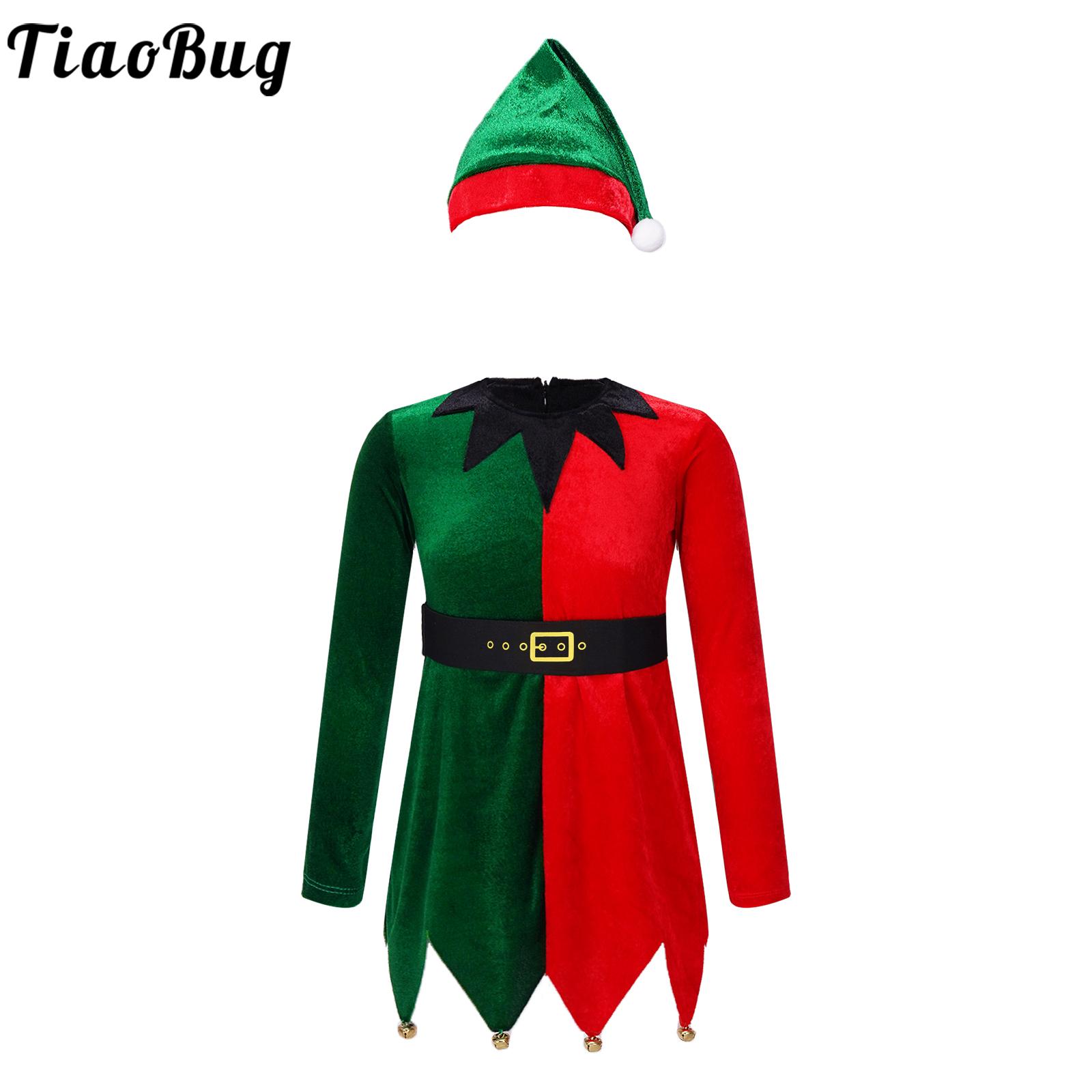 Kids Girls Boys Christmas Santa Claus Dress Green Elf Cosplay Xmas Party New Year Fancy Velvet Dress + Bells Elastic Belt + Hat