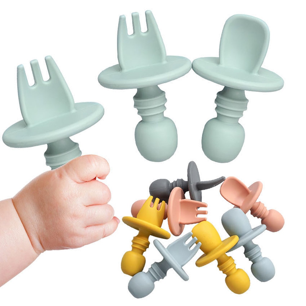 BAP Free Food Grade Baby Spoon Fork Set Infant Mini Silicone Tableware Soft Feeding Accessories Kids Portable Eating Cutlery 2PC