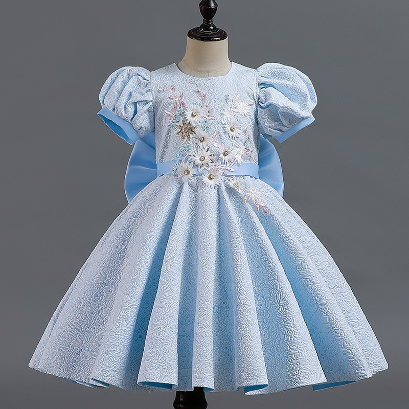 2-8 Years Long Girls Dresses A-line Puff Sleeve Kids Vestidos Blue Pink Grey Flower 2 3 4 5 6 7 8 Years Kids Clothes OGF214422