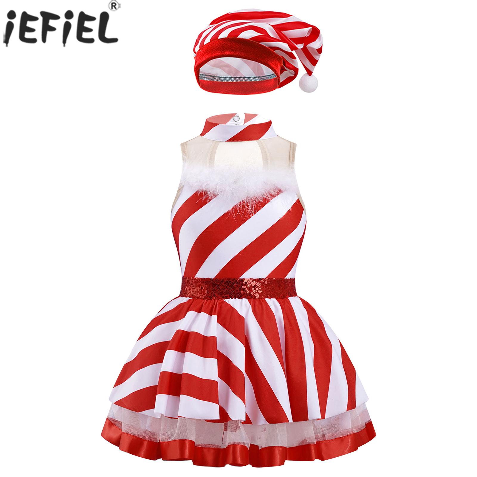 Kids Girls Christmas Party Dress Lyrical Dance Ballet Figure Skating Performance Costume Striped Princess Leotard Tutu with Hat