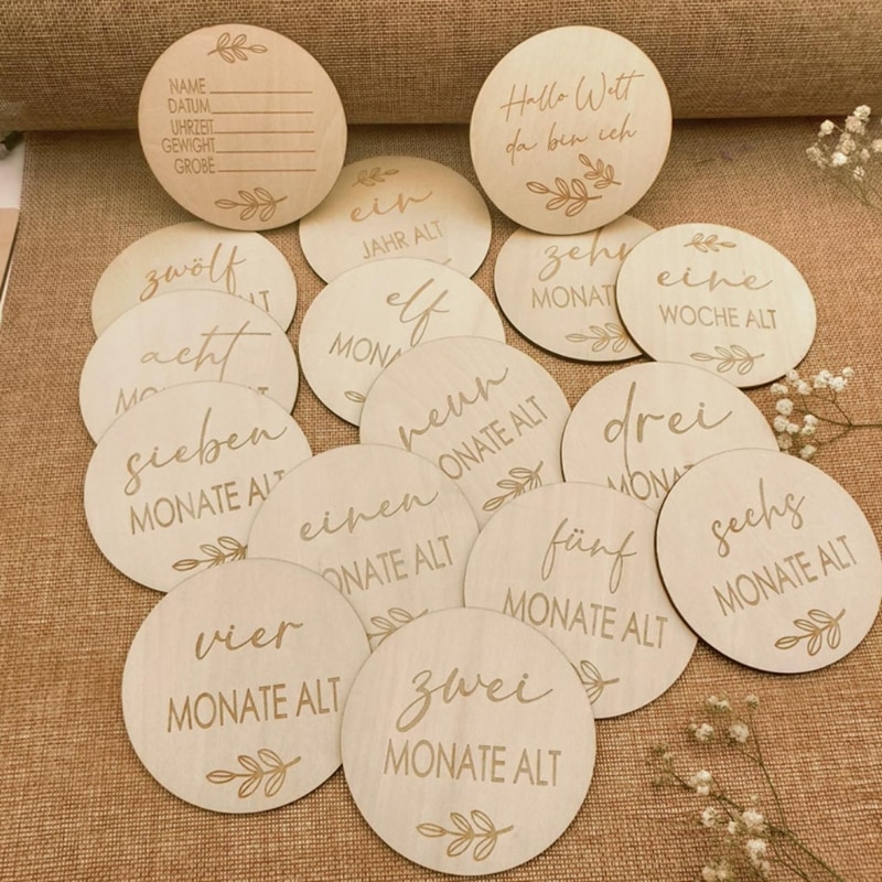 Baby Milestone Cards for Baby Photo Newborn to 2 Year Milestone Wooden Photo Props Wood Cards 16 Round Wood Discs