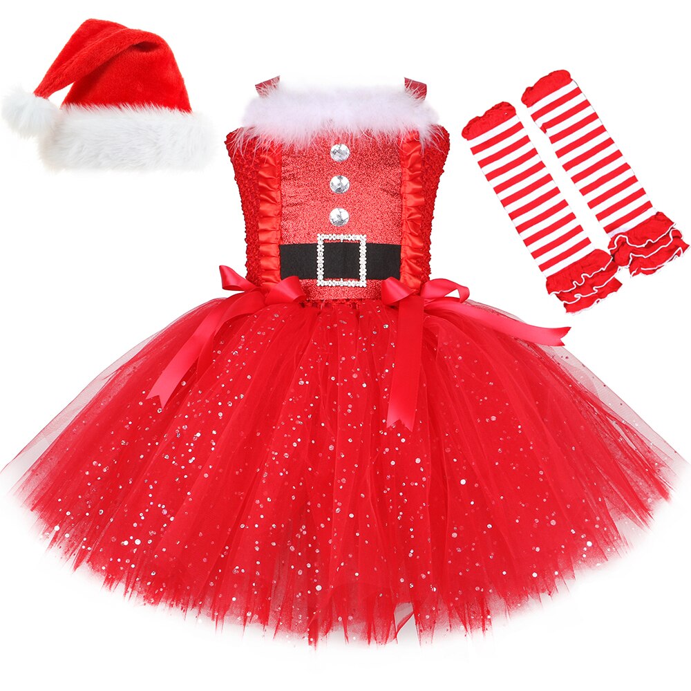Christmas Santa Claus Costume for Girls Sparkly Red Xmas Clothes Glittery Toddler Baby Kids Christmas Party Tutu Dress Outfit