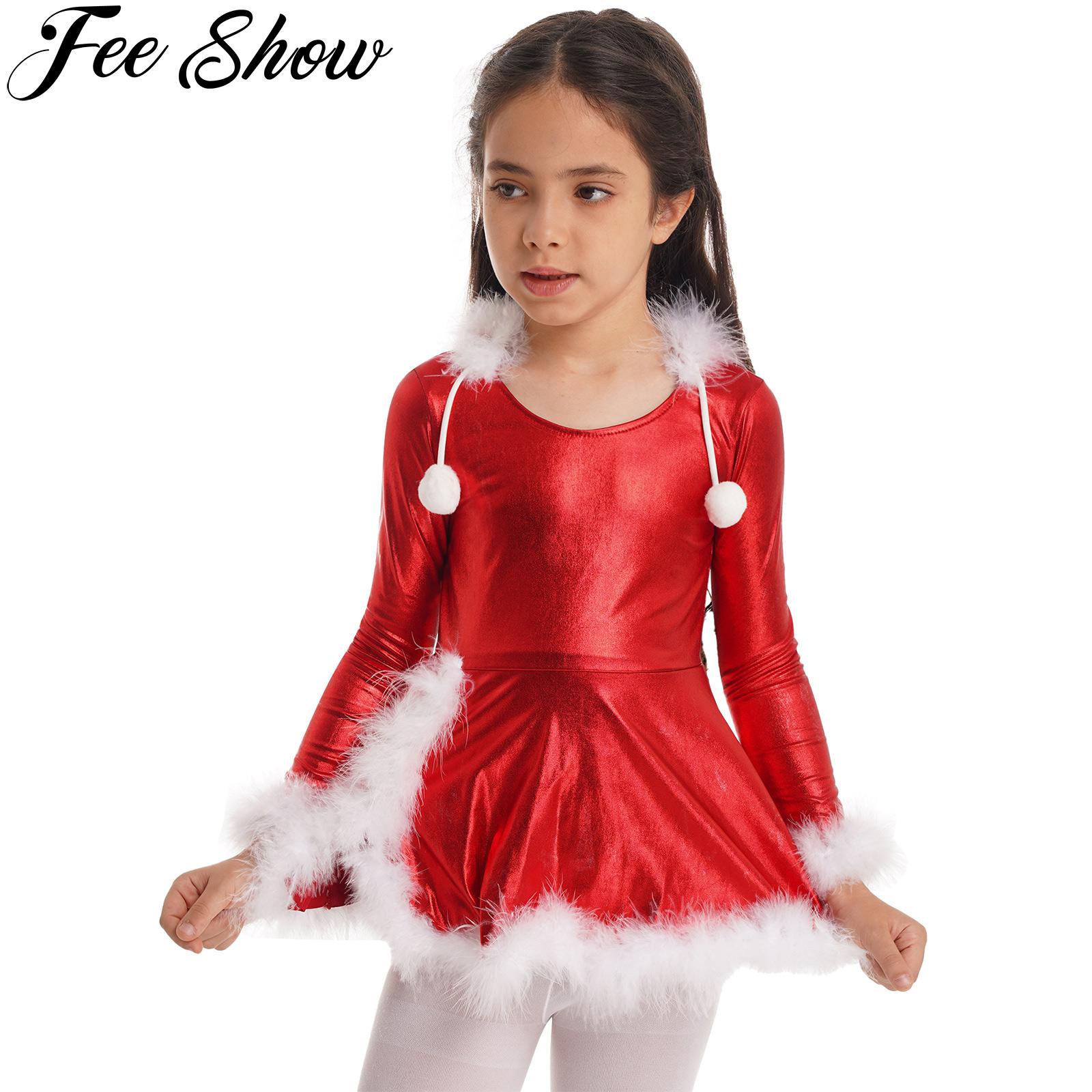Red Kids Girls Figure Ice Roller Skating Ballet Dance Dress Christmas Hooded Long Sleeves Faux Fur Adorned Santa Claus Costume
