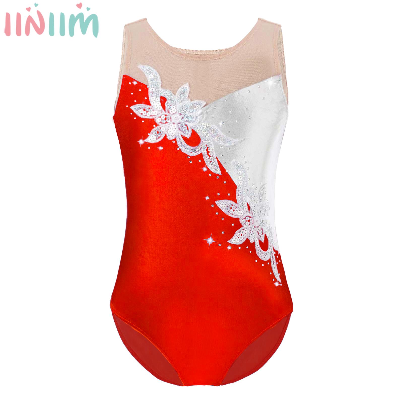 Kids Ballet Dance Leotard Girls Yoga Gymnastic Figure Skating Costume Dancewear Sleeveless Shiny Diamond Sheer Mesh Bodysuit