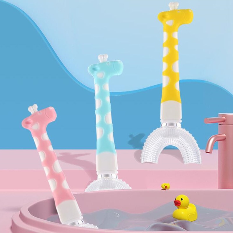 Giraffe Shape Kids Toothbrush U-Shape Infant Toothbrush With Handle Silicone Oral Care Cleaning Brush For Baby Gifts