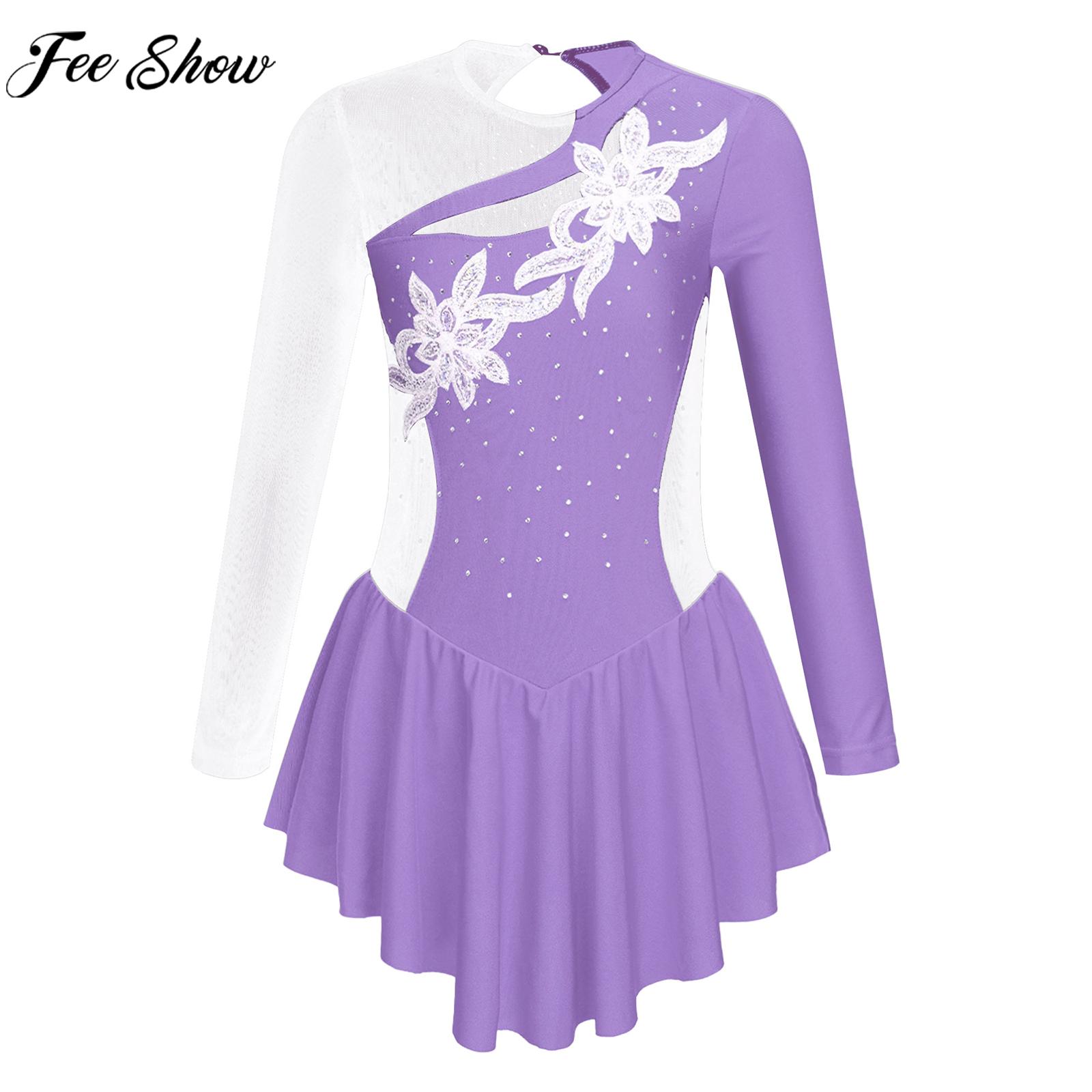 Teens Girls Figure Skating Dance Dress Ballet Tutu Rhythmic Gymnastics Leotard Dress Long Sleeve Shiny Rhinestone Dancewear