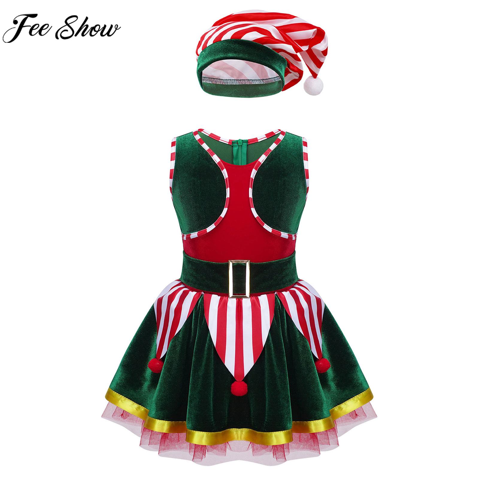 Kids Girls Christmas Elf Cosplay Dress Xmas New Year Theme Party Roleplay Outfit Sleeveless Pompom Tutu Dress with Striped Hat