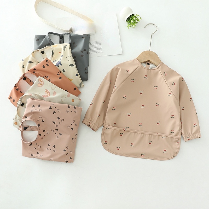 Baby's Soft Waterproof PU Bib Kid Long Sleeves Adjustable Feeding Cloth Little Boy Girl Painting Smock Child Meal Eating Ap