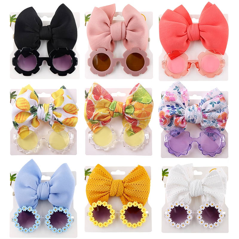 Baby Girls Fashion Sun Flower Sunglasses Bow Hairband Set Hair Accessories Newborn Head Bands Summer Beach Photography Props