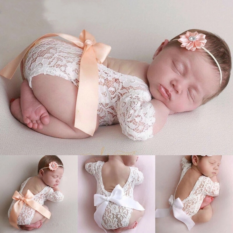 Newborn Photography Props Lace Bowknot Baby Clothing Hundred Days Baby Costume Girls Romper Outfit