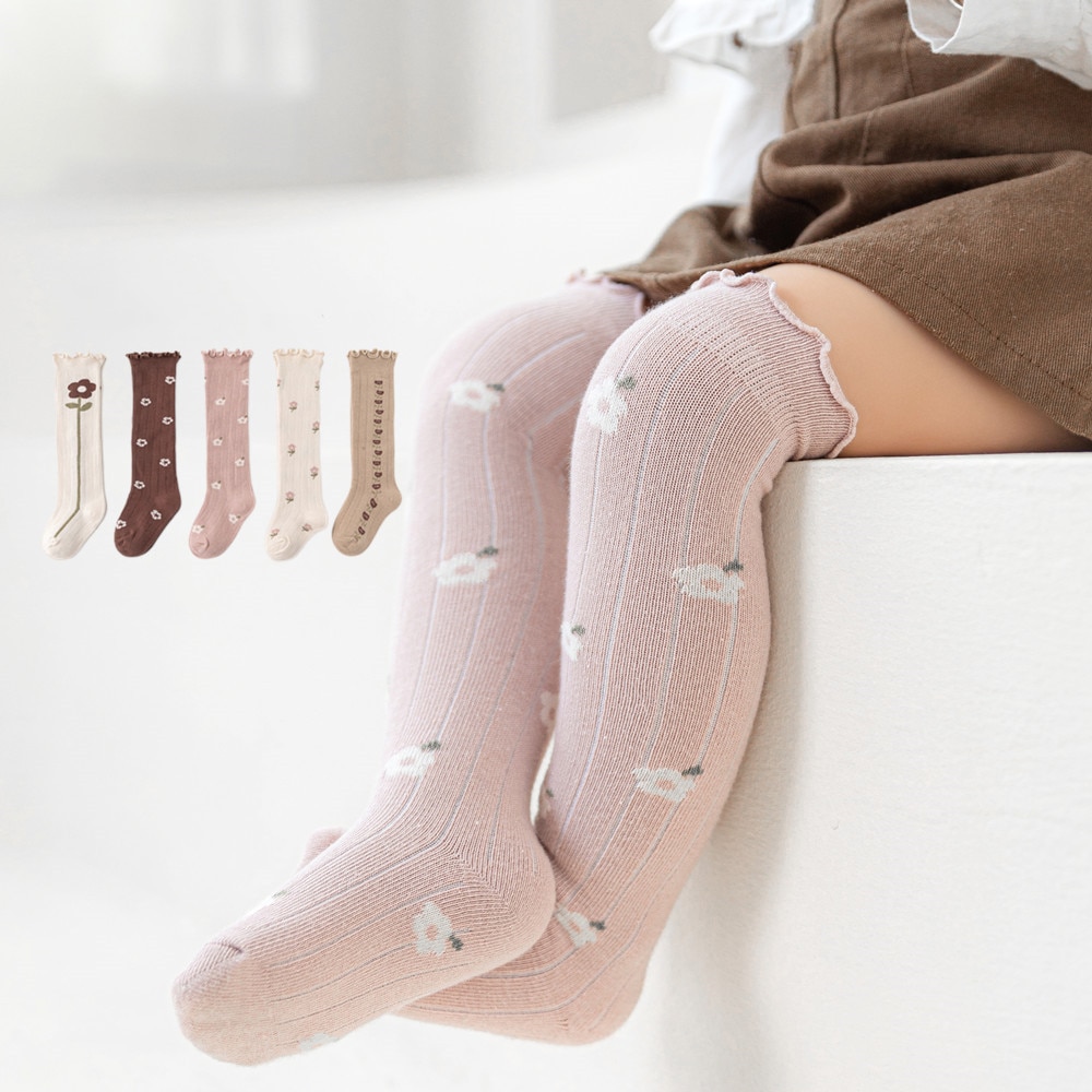 2022 New Hot Warm Thermal Leggings Socks Tights Winter Autumn Korean Flower Striped Knee High Long Stockings for Baby Girls