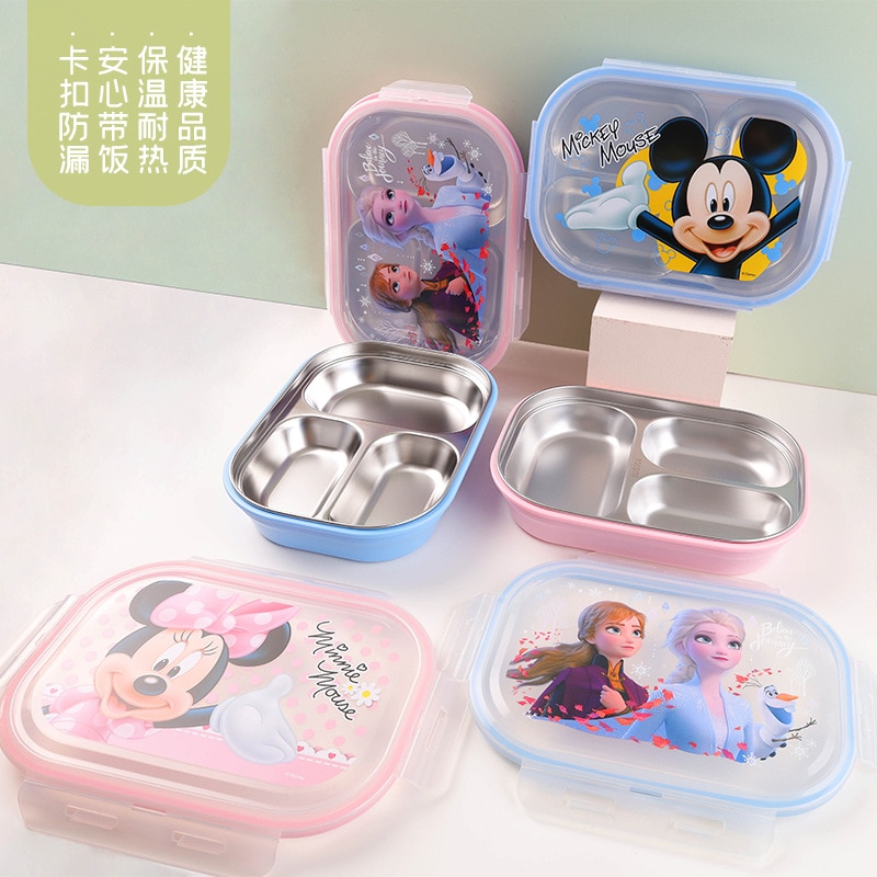 Disney Mickey Minnie Cutlery Three Grid Lunch Box Frozen Princess Cartoon Cute Pattern Stainless Steel Student Lunch Box Cutlery