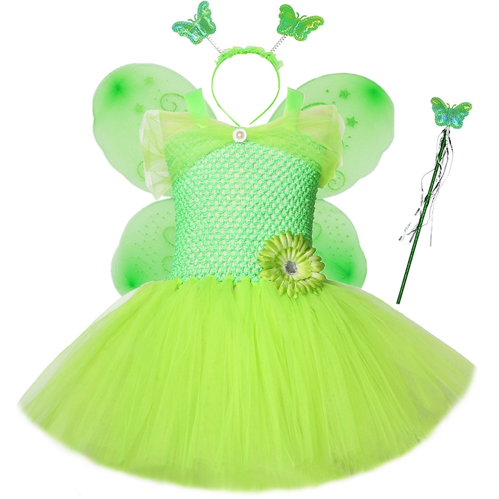 Green Pixie Fairy Dress for Girls Halloween Party Fairy Tale Elf Princess Costume Outfit Kids Tutu Dress with Butterfly Wing Set