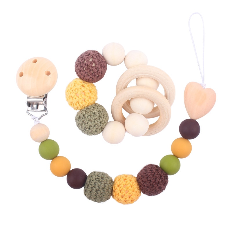 Baby Pacifier Clip Wooden Teether Bracelet Set Silicone Beads Babies Soother Teething Toys Anti-lost Chain Newborn Nursing Gift