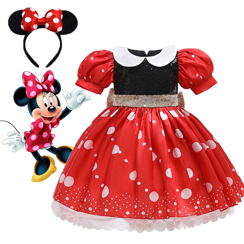 Kids' Mickey Minnie Dress Girls Cosplay Cartoon Costume Summer Short Sleeve Polka Dot Puff Sleeve Princess Dress Children C