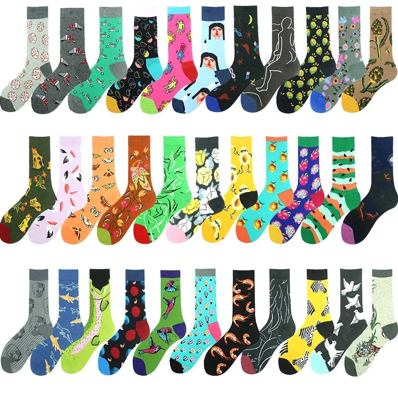 Men's socks funny cartoon fruit peach Sydney lemon, doughnut, shrimp, pigeon happy colorful novelty skateboard socks