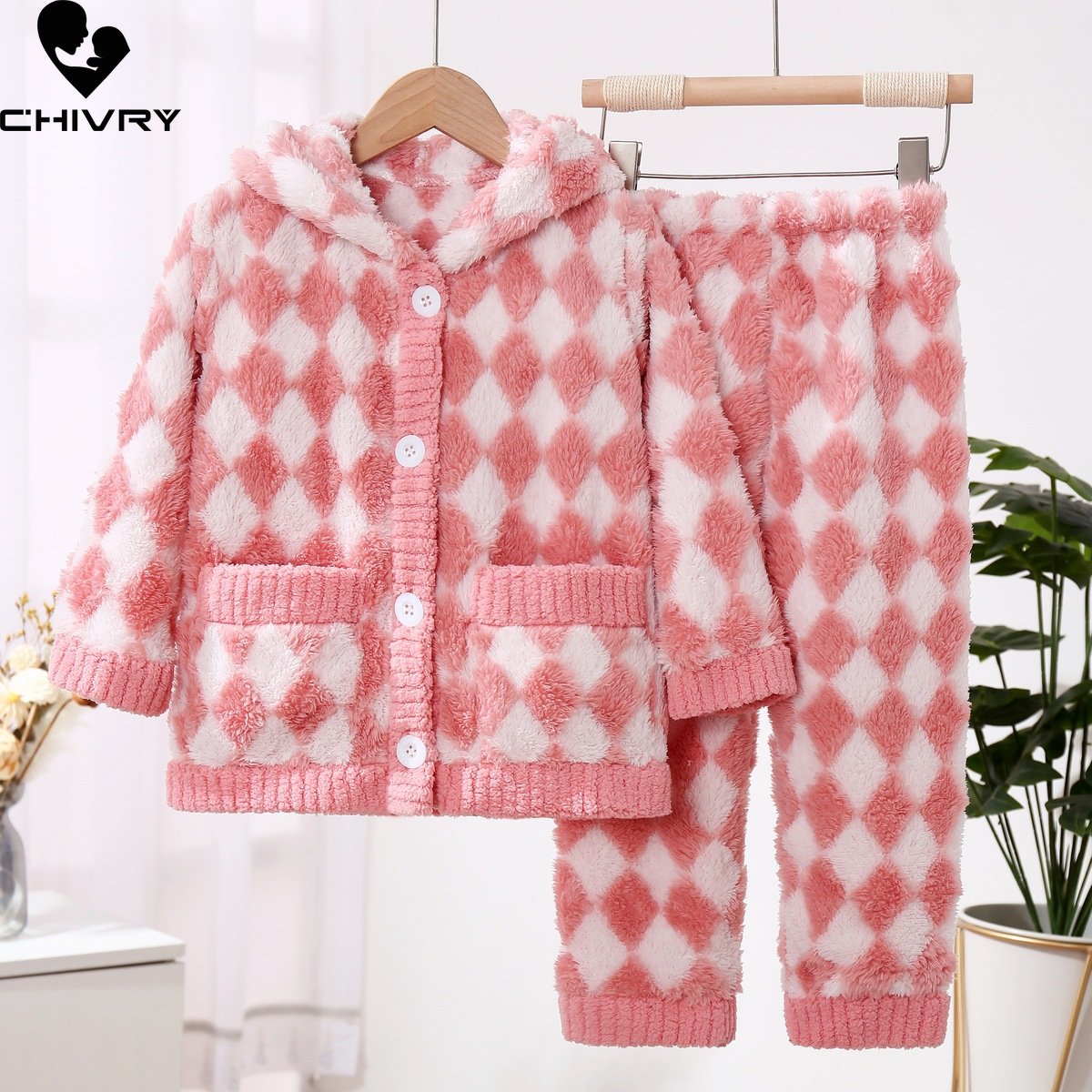 New Autumn Winter Kids Thick Flannel Pajamas Lapel Thicken Warm Plaid Pyjamas Sets Baby Boys Girls Sleepwear Clothing Home Wear