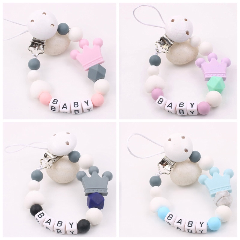 Personalized Name Baby Pacifier Clips Dummy Clip Chains Chew Crown Silicone Pacifier Leash Strap Teether Chain