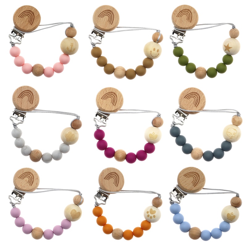 Baby Pacifier Clips Silicone Pacifier Chains Wood Beads Infant Appease Soother Chain Clips Dummy Holder Nipple Clips Gift