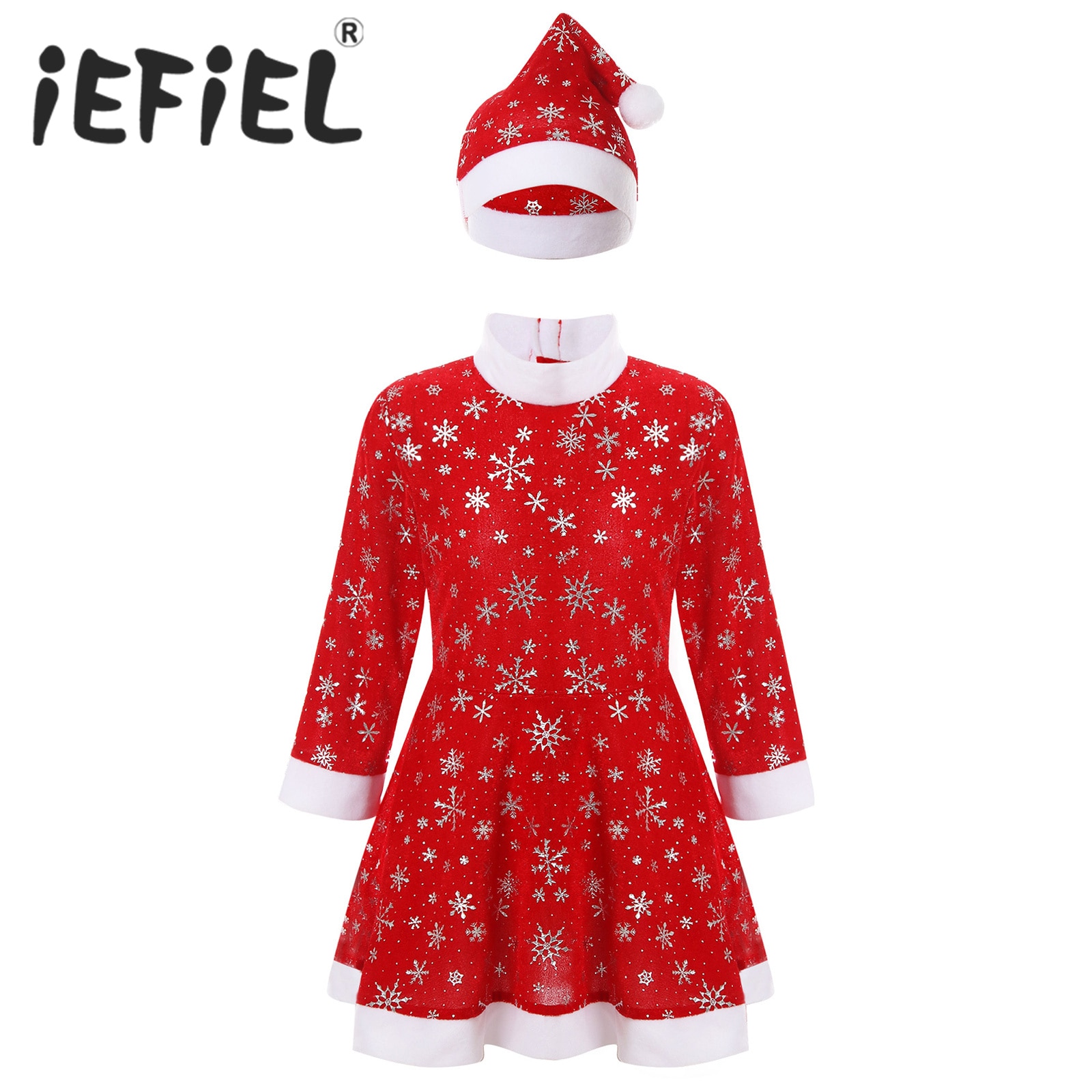 Kids Girls Christmas Costume Xmas New Year Festival Cosplay Dress Snowflake Long Sleeve Turtleneck Santa Clause Dress with Hat