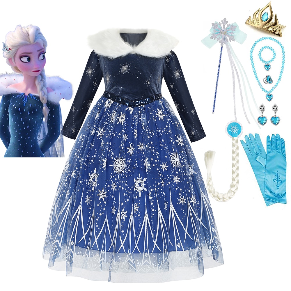 Princess Winter Dress Disney Frozen Elsa Costume Christmas Girl Snow Queen Velvet Ball Gown with Fur Collar Kid Elsa Party Frock