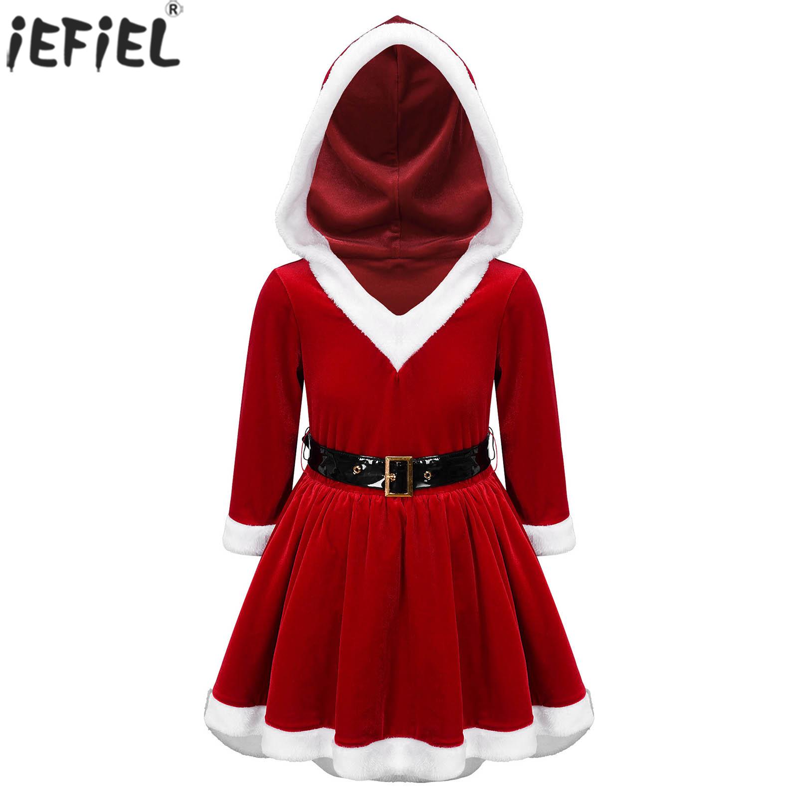 Kids Girls Christmas Costume Xmas New Year Festival Party Santa Clause Cosplay Dress Hooded Velvet Long Sleeve Leotard Dress