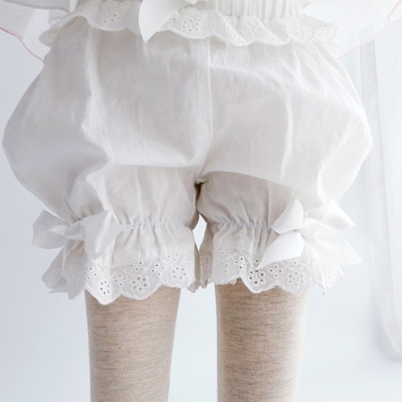 Women White Ruffled Lace Bloomer Cute Bowknot Pumpkin Pants Frilly Safety Shorts MXMA