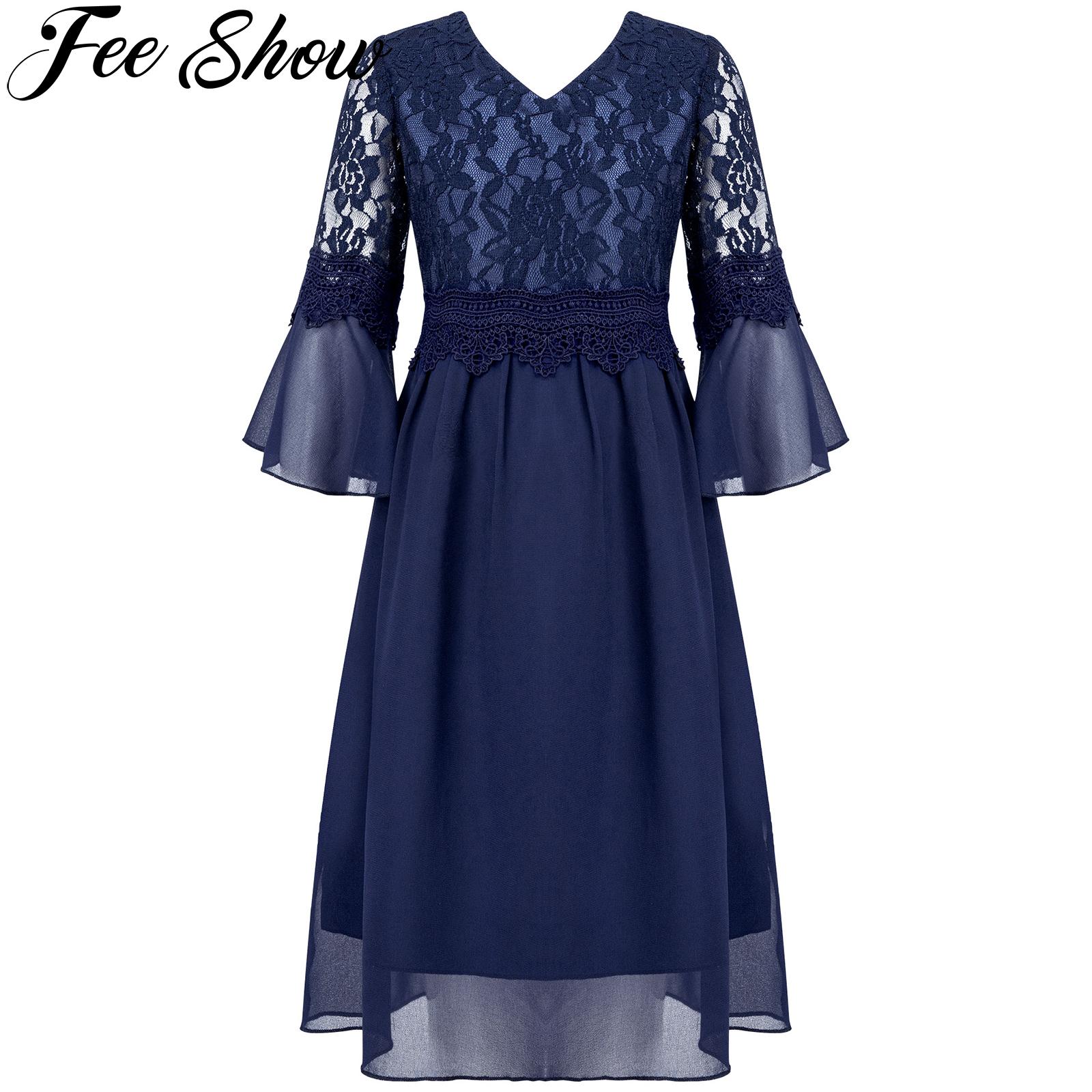 Kids Girls Floral Lace Chiffon Dress Birthday Party and Wedding Bridesmaid V Neck 3/4 Bell Sleeve Guipure A-Line Summer Dress
