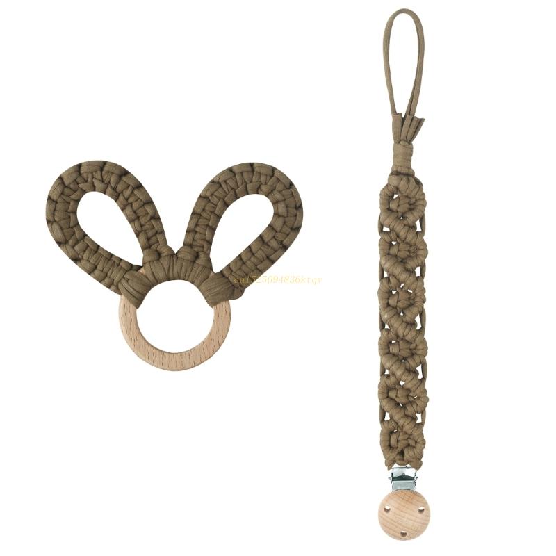 Pacifier Chain Knitted Rabbit Ears Teething Rattle Toy Dummy Holder Beech Wooden Handbell Teether Newborn Teething Drop Shipping
