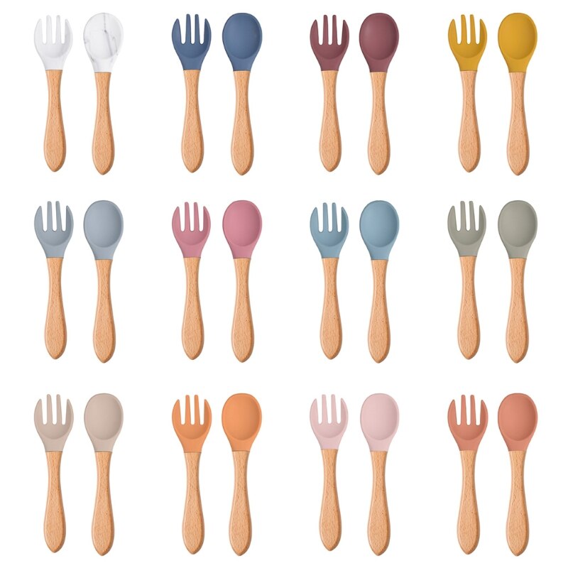 2Pcs Silicone Tips Baby Feeding Training Spoon and Fork Set with Wooden Handle Toddlers Infant Eat Independent Accessory