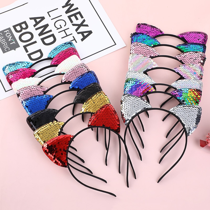 Wholesale 20Pcs/Lot Baby Girls Kids Children Sequined Glitter Cat Ear Headband Birthday Baby Photography Props