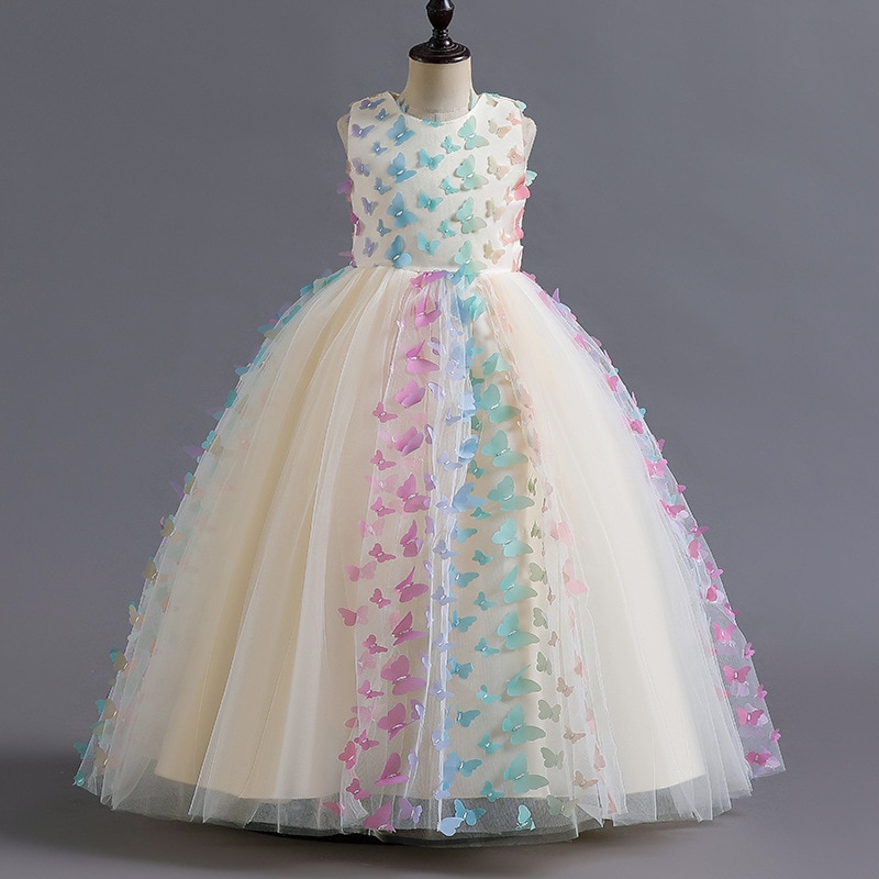 4-14 Years Girls Dresses A-line Butterfly Lace Kids Gown Bow Vestidos Wedding Party 4 6 8 10 12 14 Years Kids Clothes OGF224434